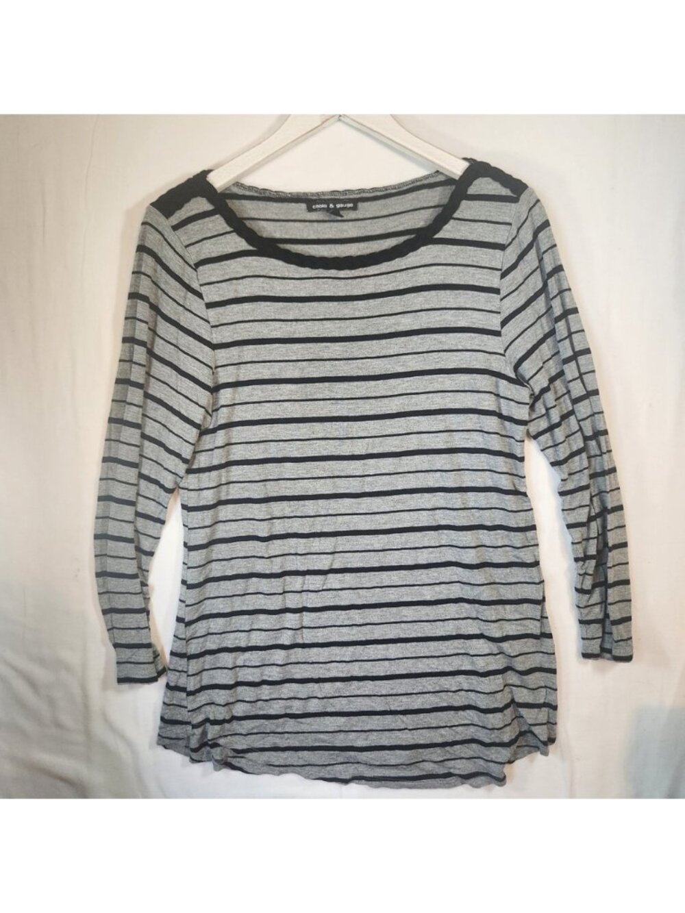 Cable & Gauge Womens Grey Black Striped Braided Neck Long Sleeve Top Large